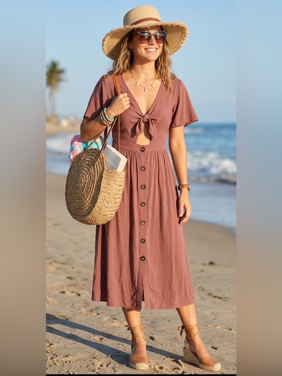 Mimi Chica Dresses & Skirts - Mimi Chica Rust Terracotta Tie-Front Button Midi Dress